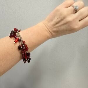 Cranberry Red Glass Beaded Metal Chain Bracelet Silver Tone 7" + 1" Adjustable